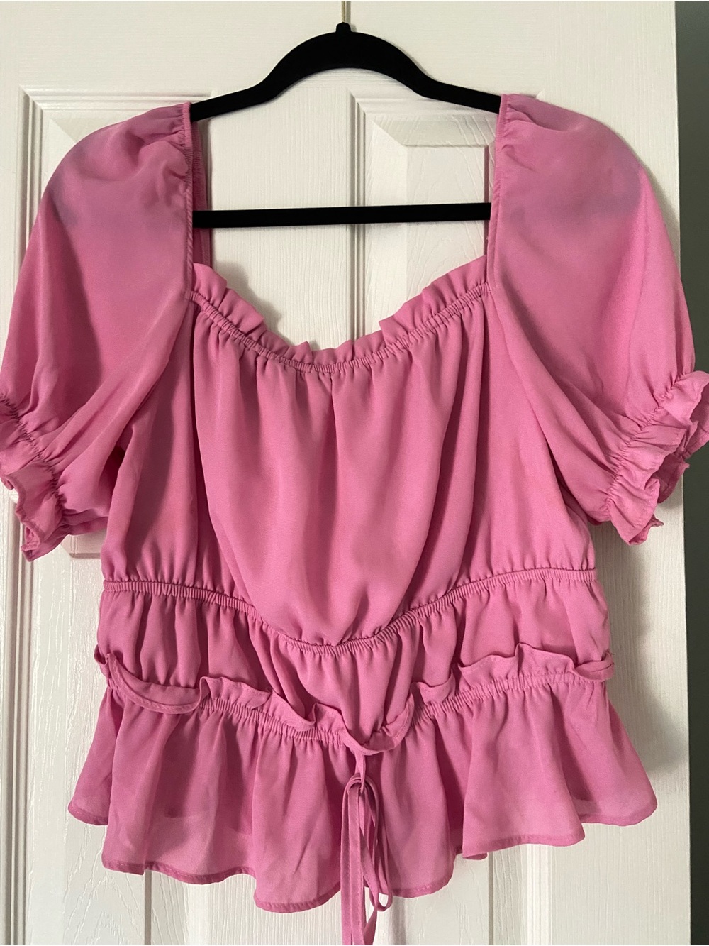 Macy's Rose-Pink Puff Sleeve Peplum Blouse